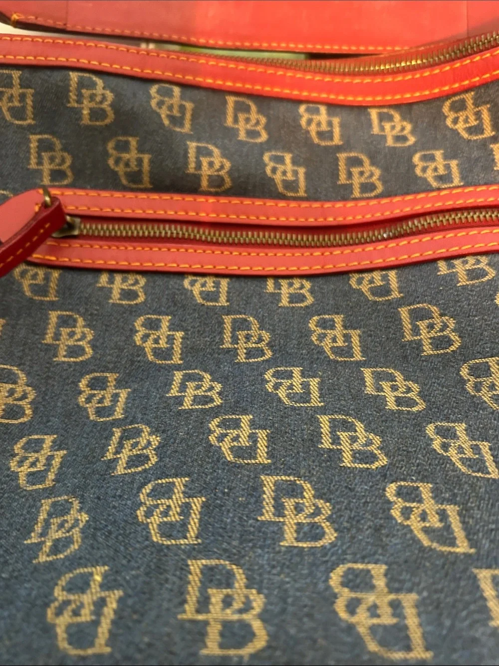 Designer-Inspired Dooney and Burke  Blue Monogram Hobo Bag with Red Trim